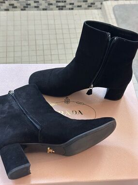 Prada Black Suede Ankle Booties with Block Heel and Side Zip